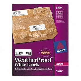 Avery White WeatherProof Labels for Laser Printers, 1 x 2.62 Inch, Box of 1500 (5520) by 