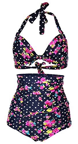 Cocoship Floral Polka Vintage High Waisted Bikini Swimsuits Swimwear(FBA)
