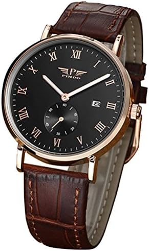 Mens Vintage Calfskin Genuine Leather Watch with Noctilucent Pointers Coffe Band Black Dial