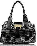 Womens Black Croc Grey Canvas Designer Shoulder Handbag
