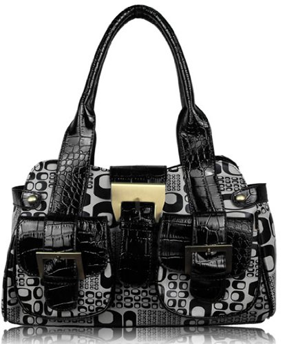 Womens Black Croc Grey Canvas Designer Shoulder Handbag