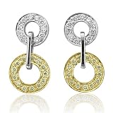 18k Two Tone Gold White and Yellow Two Circle Drop Diamond Earrings (HI, SI, 0.35 carat)