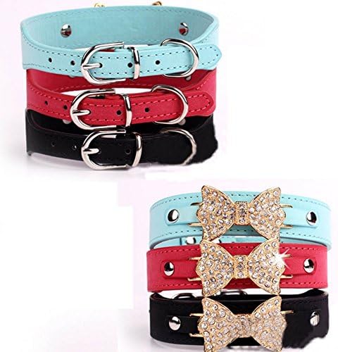 Adjustable Pet Collars Bling Bowknot Leather Collar Rhinestone Bling Collar For Small Medium Dog Cat--Black M