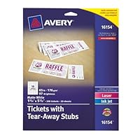Avery Tickets with Tear-Away Stubs, 1.75 inches x 5.5 inches, Matte White, Pack of 200