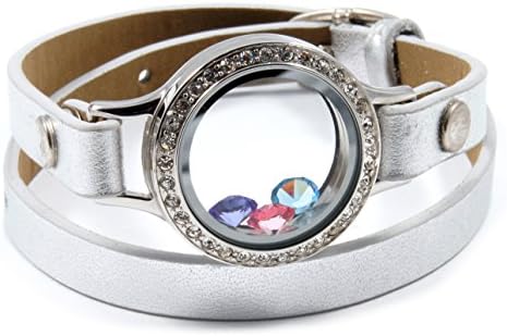 Ruselo Leather Wrap Bracelet Stainless Steel Czech Crystal Glass Locket with Swarovski Crystal Floating Charms (Silver - Grey Wrap)