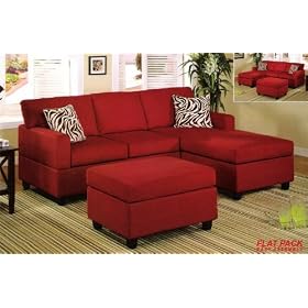 3 pcs Sectional Sofa Set with Ottoman and Accent Pillows in Red