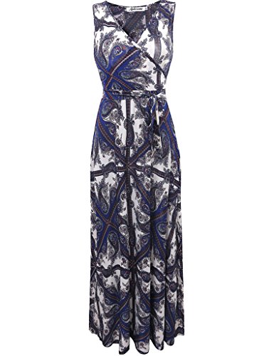 Aphratti Women's Bohemian Sleeveless V Neck Wrap Front Maxi Long Dress