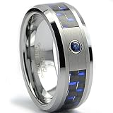 8MM Tungsten Carbide Ring BLUE SAPPHIRE .050 Carat & BLACK/ BLUE Carbon Fiber Inlay Wedding Band Sizes 7 to 13