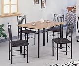 5pc Natural Wood & Black Metal Finish Dining Table + 4 Chairs Set