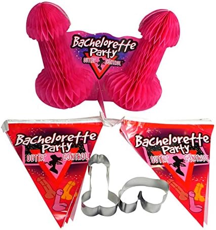 Bachelorette Party Flag Banner 10 Inch Pecker Centerpiece and 2 Naughty Penis Cookie Cutters