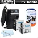 2 Pack Battery And Charger Kit For Toshiba Camileo BW10 Waterproof HD Video Camera Includes 2 Extended Replacement (900Mah) PX1686 Batteries + Ac/Dc Travel Charger + LCD Screen Protectors + MicroFiber Cleaning Cloth