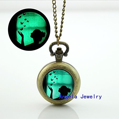 Pretty Lee Fashion Girl and Butterfly Glowing Pocket Watch Necklace Dream Butterly Jewelry Glow in The Dark Jewelry Necklace