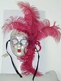 Venetian Carnival Mask with Red Feathers and Pink Face