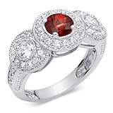 Bold & Beautiful 1.00 carat total weight Round Shape Checker Board Garnet & White CZ Size 8 Gemstone Ring in Sterling Silver