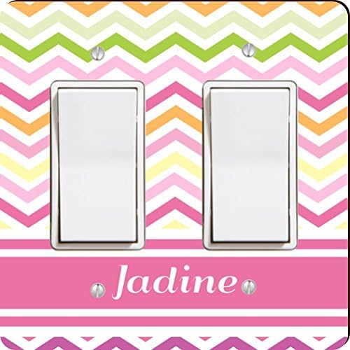 Rikki KnightTM "Jadine" Pink Chevron Name Double Rocker Light Switch Plate