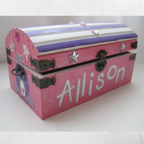 Personalized Painted Wooden Princess Jewel Sparkly Treasure Toy Chest Keepsake Box- 9 inch x 5 inch x 5 inch Medium Sized with Latch and Custom Color Choices