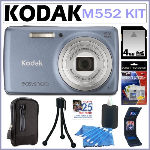 Kodak EasyShare M552 14mp Digital Camera with 5x Optical Zoom and 2.7-Inch LCD in Blue Gray + 4GB Accessory Kit
