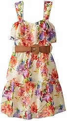 Girls Belted Floral Print Cotton  Dress