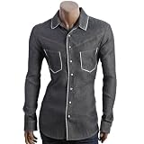 DOUBLJU Mens Casual Long Sleeve denim white line designed shirt(AJ03)-BLACK-Asian XL