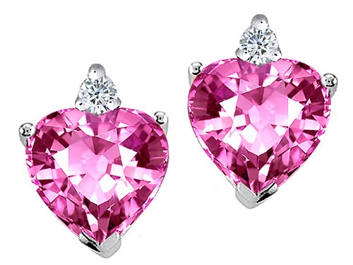 2.14 cts Heart Shape Created Pink Sapphire and Genuine Diamonds Earring Studs - 14kt White or Yellow Gold