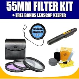 55MM 3 PIECE FILTER KIT FOR CANON, NIKON, SONY, PENTAX, PANASONIC, OLYMPUS AND SIGMA DIGITAL SLR CAMERAS WITH EXCLUSIVE SUPERDEAL ACCESSORIES - FREE BONUS LENS CAP KEEPER