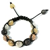 IMAGE OF Shamballa Bracelet 10mm Full Pave Bracelet Mix of Silver Plated Crystal Rose Gold Plated Crystal Gold Plated Crystal Gunmetal Black Diamond on Dark Grey Macrame with Two 8mm Pave Ends Handmade Adjustable Unisex