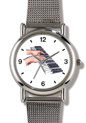 Pianist Hands Playing Piano Classical Musician 1 - WATCHBUDDY® ELITE Chrome-Plated Metal Alloy Watch with Metal Mesh Strap-Size-Small ( Standard Women's Size )