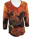 Cactus Bay Apparel Radiantly Printed, Rhinestone Highlighted, 3/4 Sleeve, Crew Neck, Orange & Red Colored Cotton Top - Sedona Scene