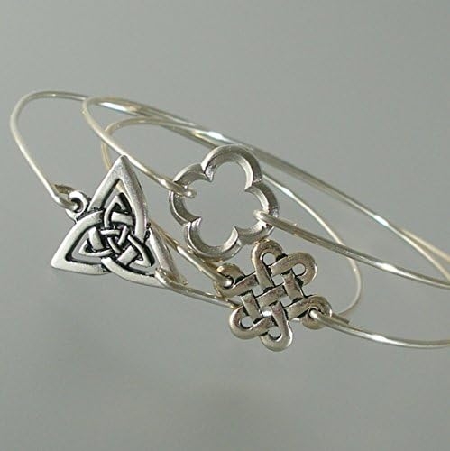 Celtic Triangle, Four Leaf Clover, Endless Knot Bangle Bracelet Set - ss