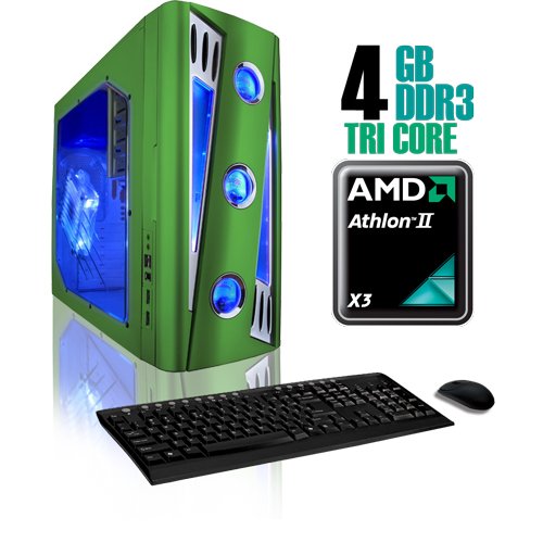 CybertronPC X-Cruiser2 CAAN1130BGQ, Green, AMD Athlon II X3 Tri-Core 2.7GHz, 4GB DDR3, 500GB HDD, DVDRW, Radeon HD4350, 400 Watt Power Supply, Windows 7 Home Premium 64-bit, 1 Year Parts & Labor Warranty