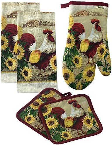 Kitchen Linen 5 Piece Set - Rustic Rooster - Dish Towel, Pot holder, Oven Mitt Bundle