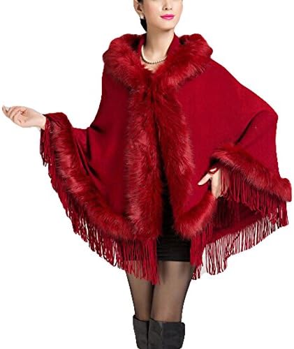 Women's Cashmere Shawl Cloak Coat- Hooded fringed cape cardigan (maroon)