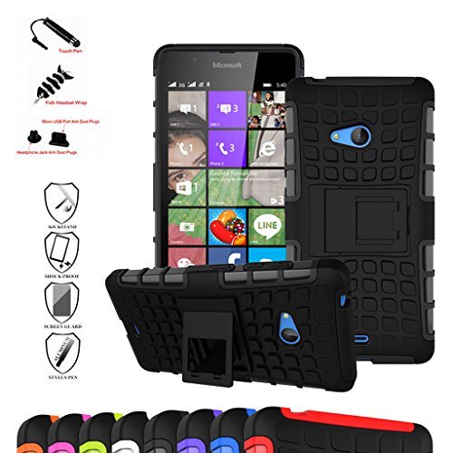 Microsoft Lumia 540 Case, Mama Mouth Shockproof Heavy Duty Combo Hybrid Rugged Dual Layer Grip Case Cover with Kickstand For Microsoft Lumia 540 (With 4 in 1 Free Gift Packaged:Black Stylus Touch Pen,Black Silicone Fish Headset Wrap,Black Micro USB P