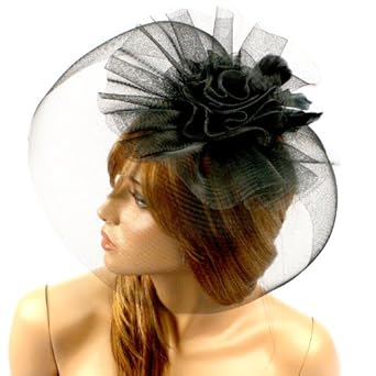 Feathers Rose Ruffle Veil Big Hat Fascinator Comb Head Piece Cocktail Black