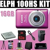 Canon PowerShot ELPH 100 HS 12 MP CMOS Digital Camera with 4X Optical Zoom (Pink) NB4L Battery/Charger 16GB DavisMAX HDMI Bundle