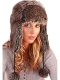 Ladies Womans Teens Winter Warm Faux Fur Russian Ushanka Trapper Hat with Pom Poms - 57cms