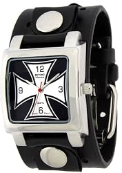 Cross Silver Steel Square Case Punk Skater Biker Wide Black Leather Band Wrist Watch