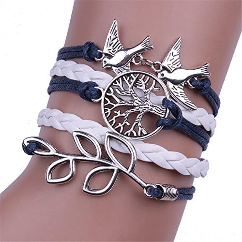 KAMOUR Jewelry Mens Womens Leather Rope Bracelet, Tree of Life Peace Dove Branch Friendship Leather Charm Bangle Vintage Leather Wrap Wrist Silver Blue White