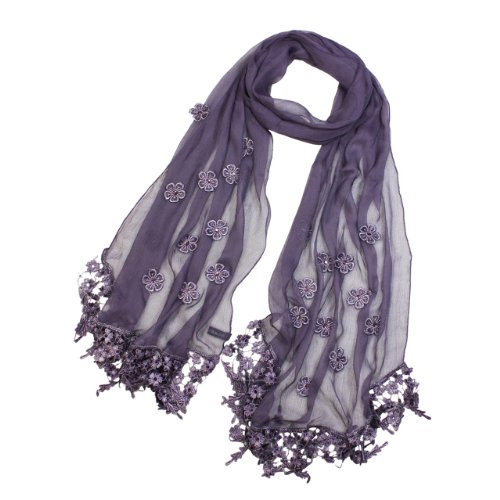 Rhinestone Flower Sheer Polyester Long Scarf Shawl with Handmade Flower Lace Tassels - Various Colors
