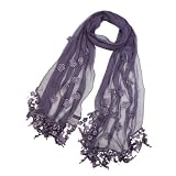 Rhinestone Flower Sheer Polyester Long Scarf Shawl with Handmade Flower Lace Tassels - Various Colors