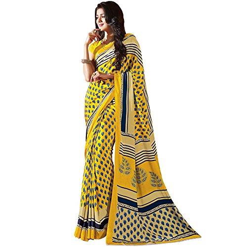 Shree Designer Sarees Women’s Joyous Yellow French Crepe Saree With Unstitched Blouse