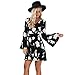 YUTRENDS Women's V-neck Long Flare Sleeve Pleated Floral Print Dress