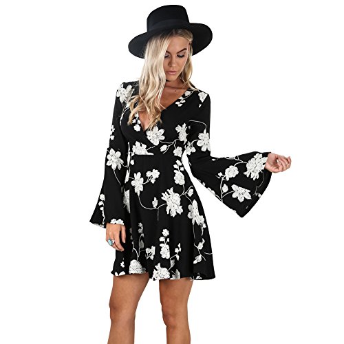 YUTRENDS Women's V-neck Long Flare Sleeve Pleated Floral Print Dress
