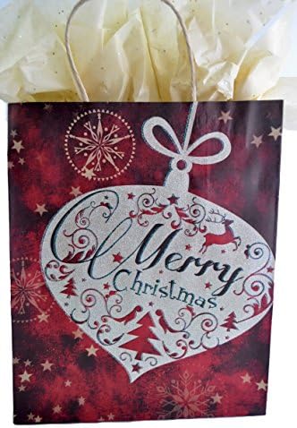 Large Kraft Paper Christmas Gift Bag (Set of 3) w/ Tan Glitter Tissue Paper