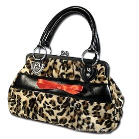 Retro Leopard with Red Bow Vinyl Kiss Lock Bag with Anchor Hardware