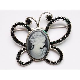 Elegant Butterfly Cameo Maiden Black Rhinestone Brooch