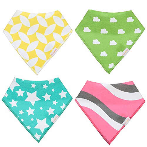 4-pack Drool Baby Bandana Bibs - Soft Organic Cotton with Snaps - Modern Patterns - Unique Baby Shower Gift set for Boys and Girls - SUPER SALE PRICE!!
