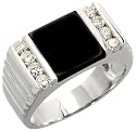 14k White Gold Grooved Square Men's Diamond Ring, w/ Black Onyx Stone & 0.58 Carat Brilliant Cut Diamonds, 7/16" (11mm) wide