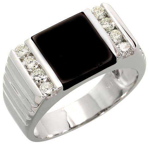 51 S2EFw41L 14k White Gold Grooved Square Mens Diamond Ring, w/ Black Onyx Stone & 0.58 Carat Brilliant Cut Diamonds, 7/16 (11mm) wide