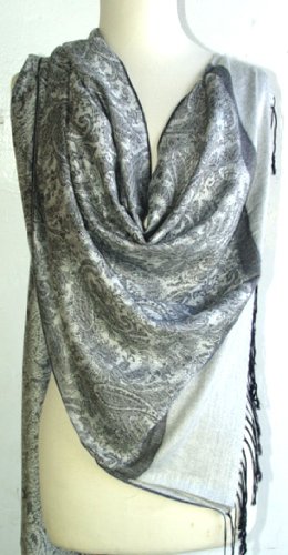 Elegant Black & Grey Reversible Paisley Pashmina Silk Shawl Wrap